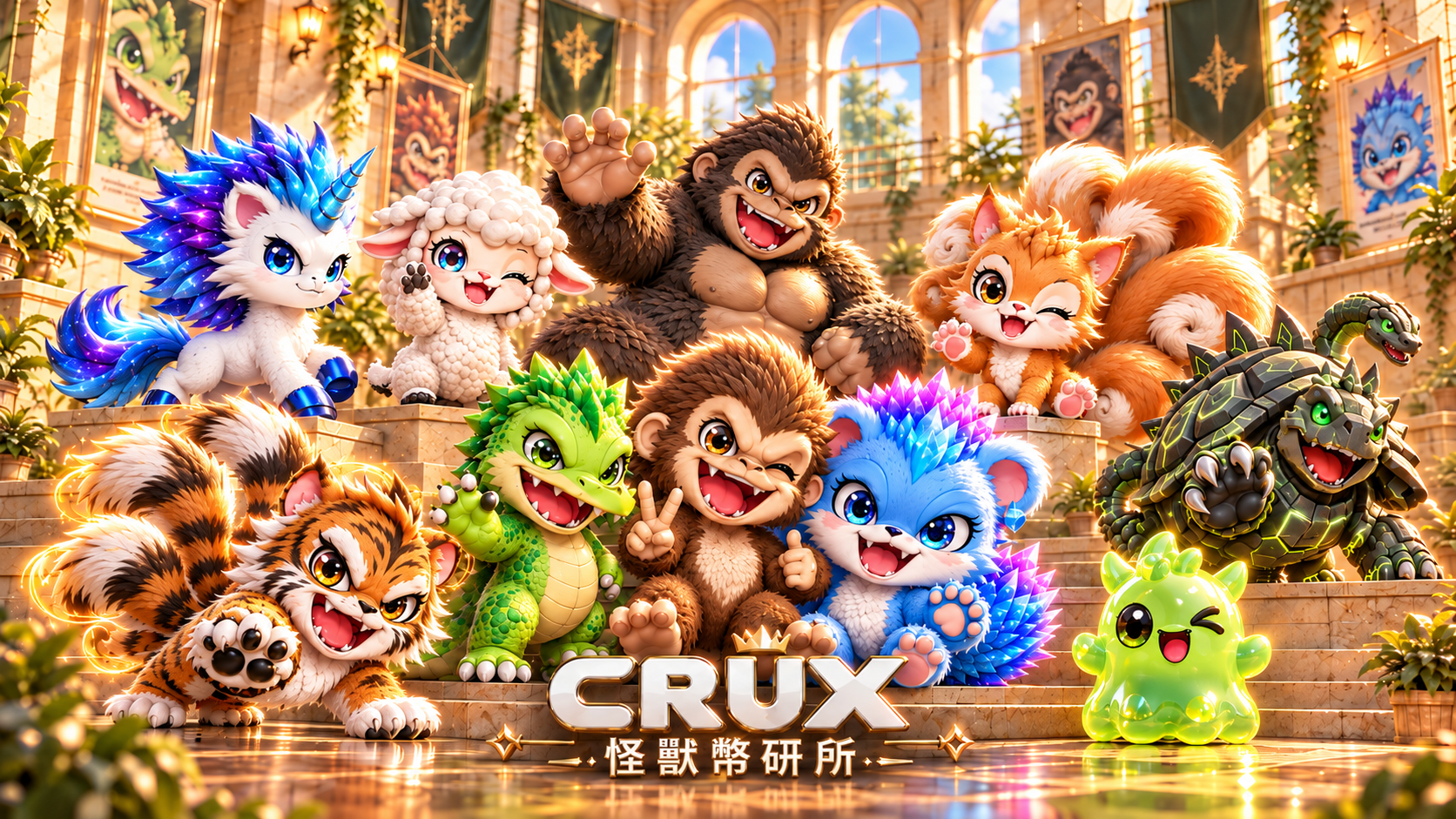 怪獸夥伴與品牌吉祥物齊聚陽光灑落的 CRUX 學院