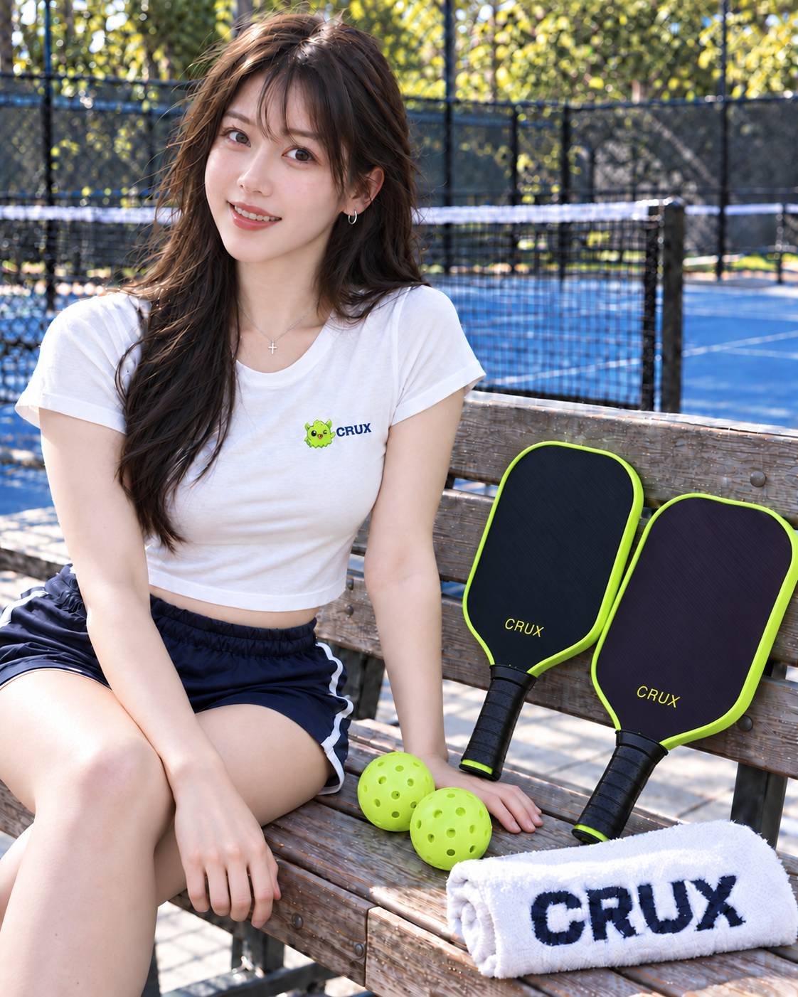 微笑女性穿著 CRUX 小怪獸短版 Tee,與匹克球拍在球場邊合影